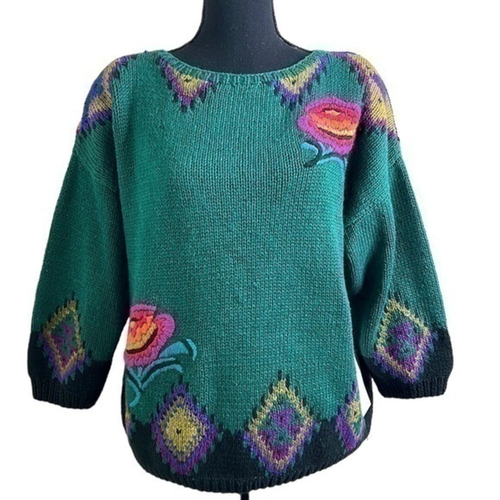Jennifer Reed Women’s Hand Knitted Floral Embroidered Sweater Green Large NWT